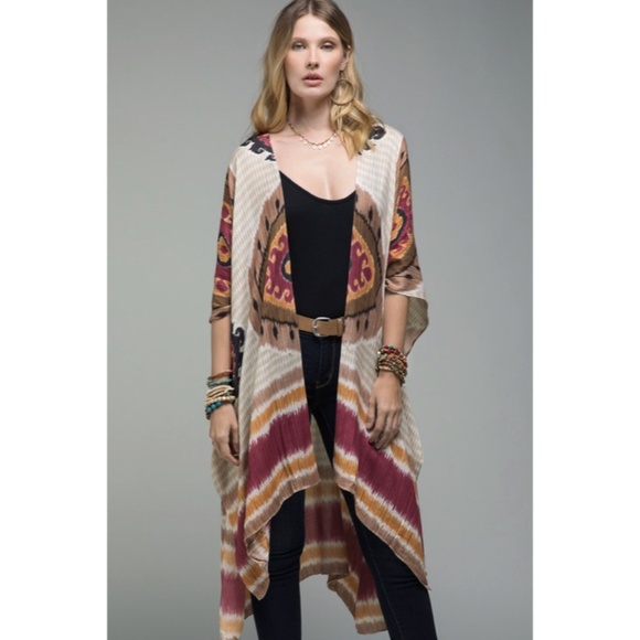 Bohemian Mandala Inspired Stripes Side Slit Kimono Coverup Wrap Casual Women's - Picture 4 of 6
